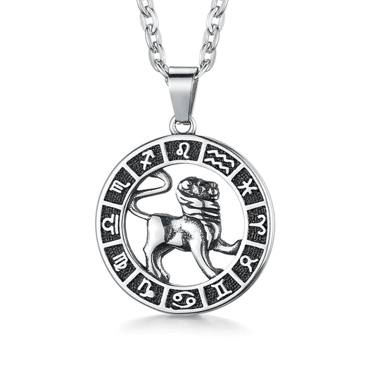 GHIUYUI Zodiac Sign Pendant Necklaces for Women Men Stainless Steels Leo Constellation Horoscope Medallion Retro Celestial Astrology Jewelry (Leo 7.23~8.22 Silver)